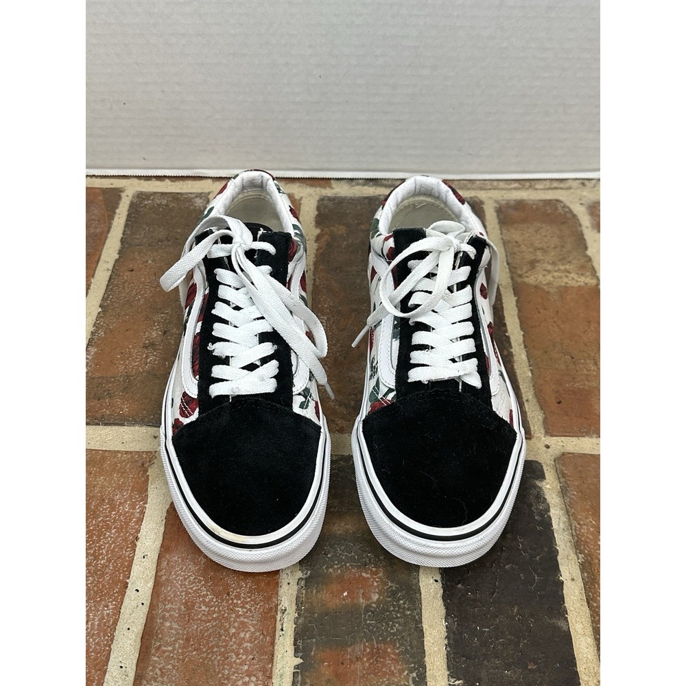Van Old Skool Red Rose Sneaker Floral Canvas Black Suede Low Top Shoes Women 8.5 - Picture 4 of 8